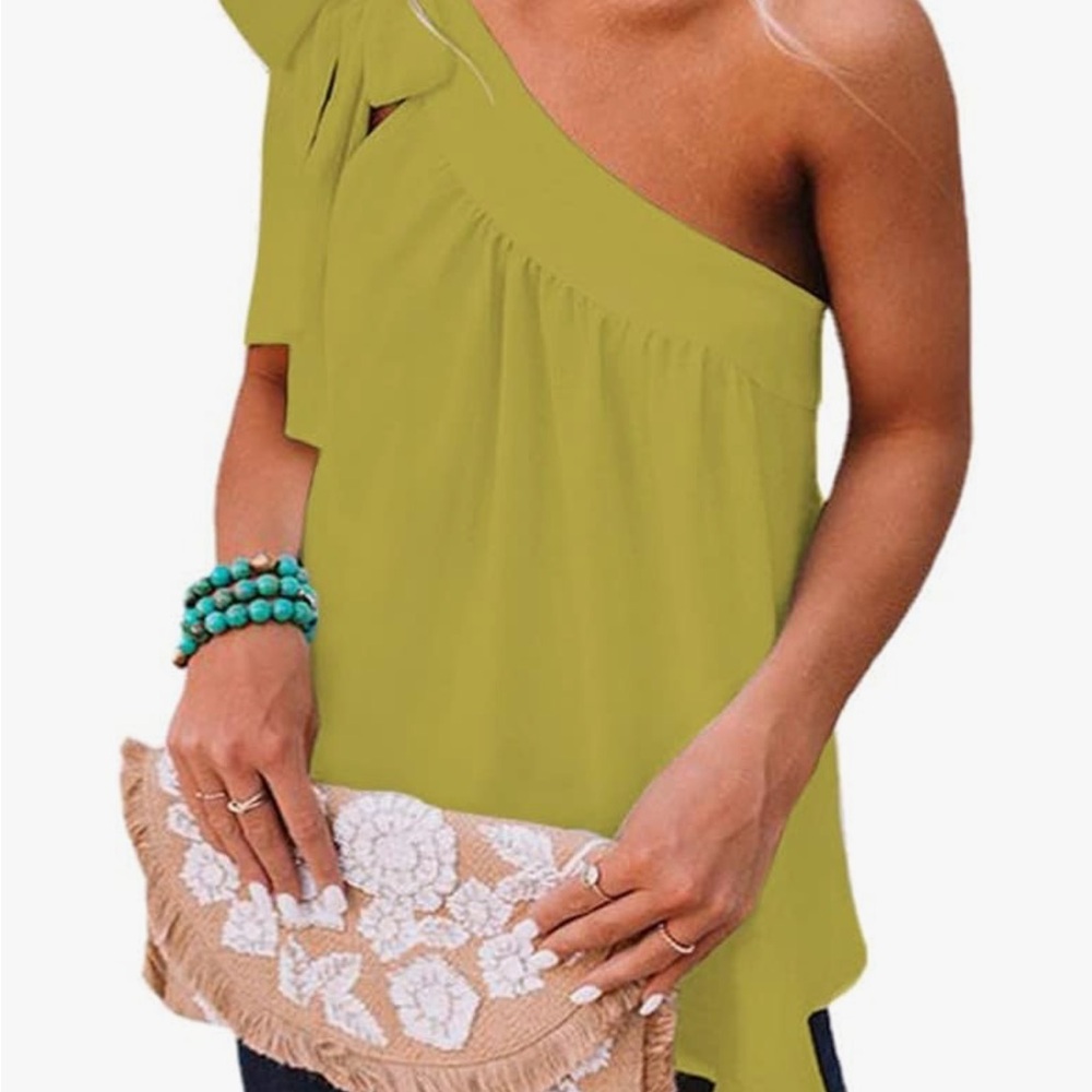 Lime Green Asymmetrical Ruffled Sleeveless Blouse